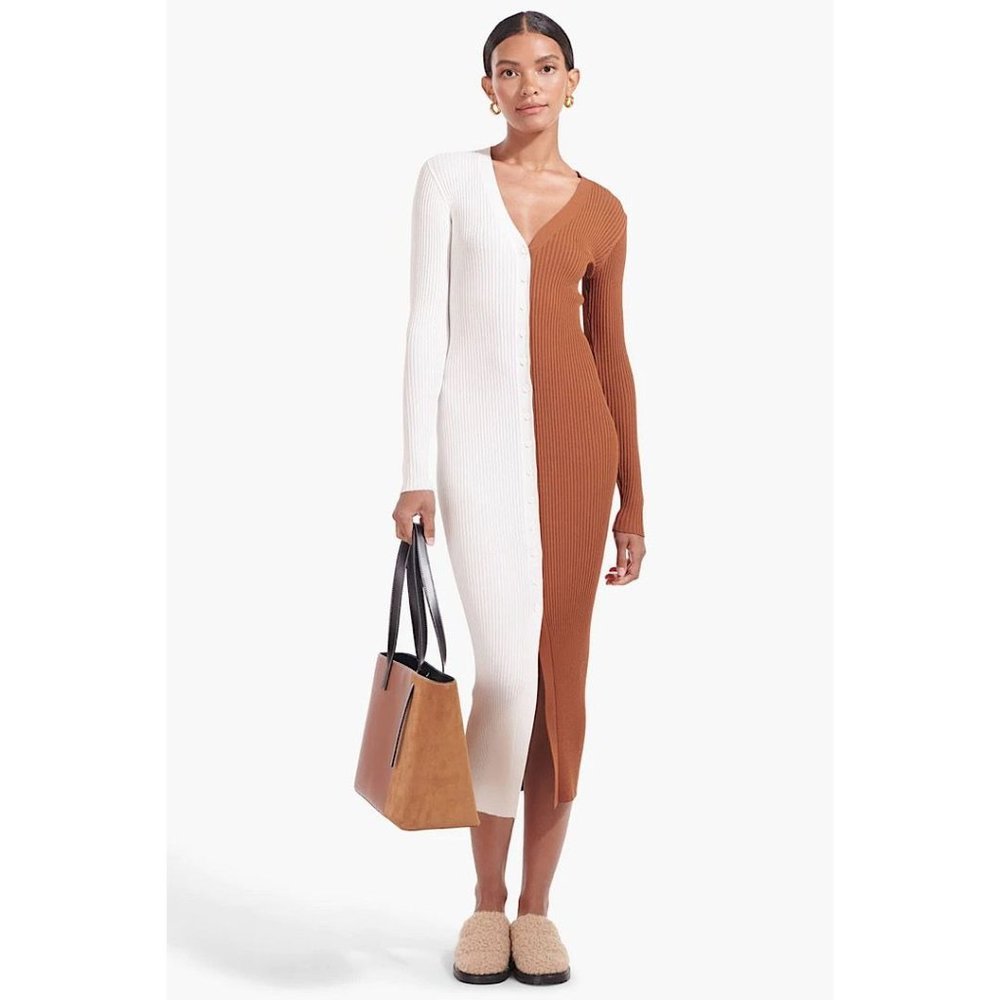 Staud Shoko Long Sleeve Colorblock Sweater Midi Dress White Tan Small